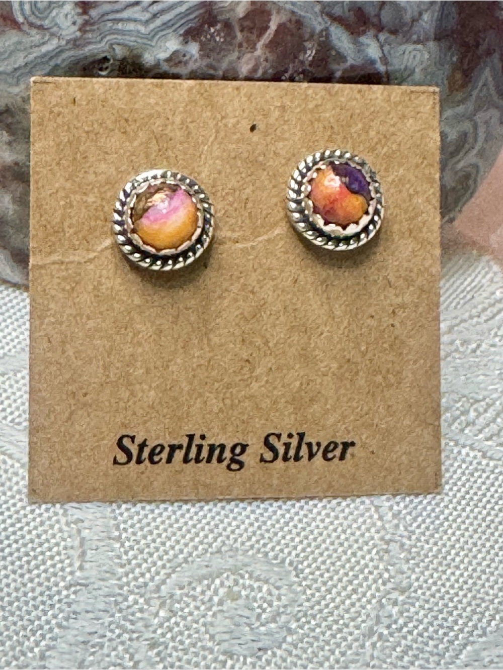 Kingman Pink Spiny Oyster Turquoise Dahlia Stone Sterling Silver Stud Earrings
